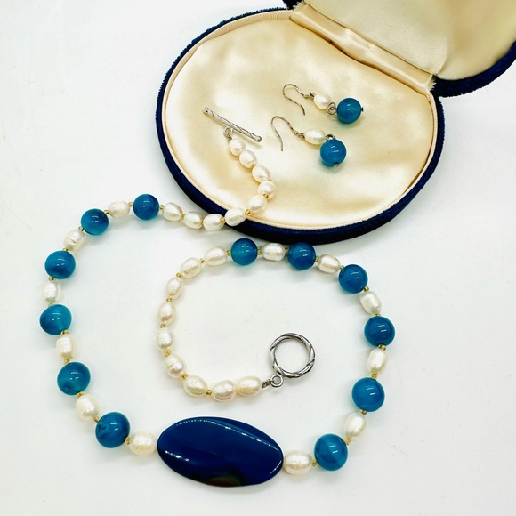 Vintage Pearl Blue Agate Necklace & Earrings - Picture 1 of 17